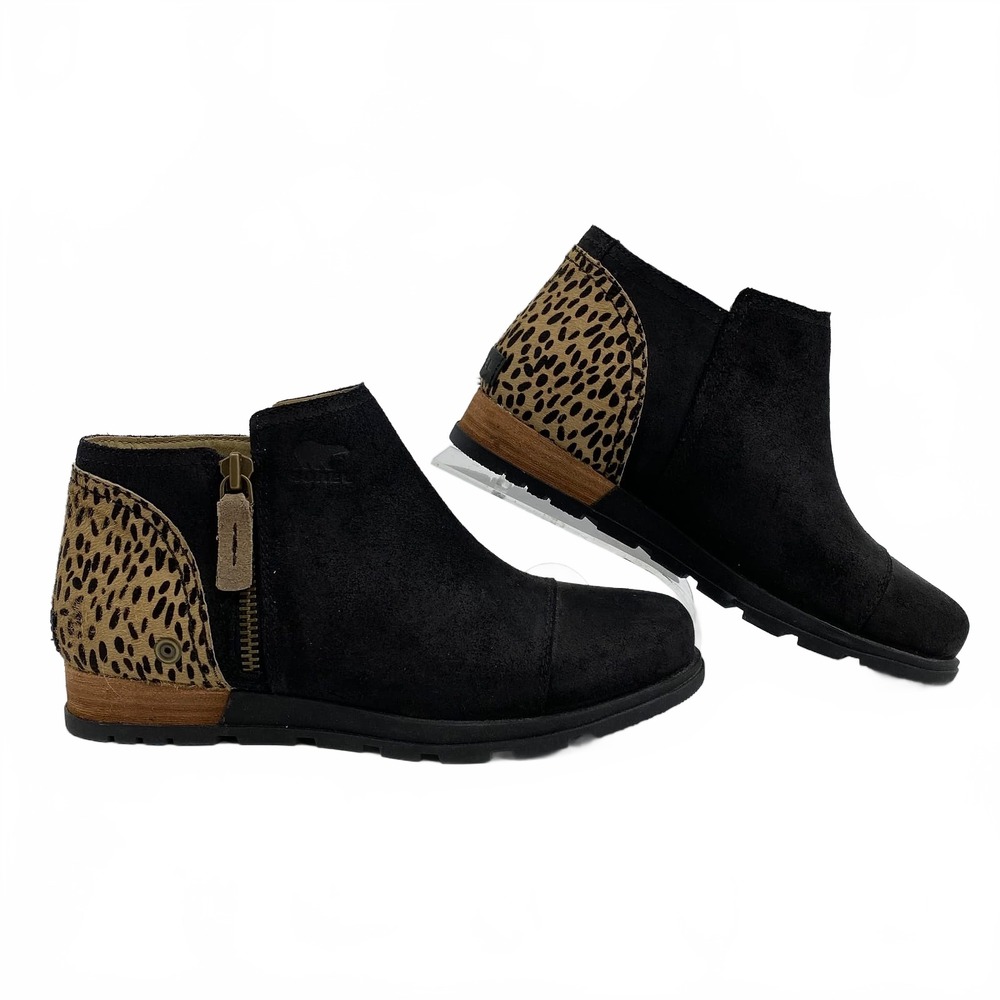 Sorel Black Tan Ankle Boots Cheetah Print Fur Accent | Womens 8.5